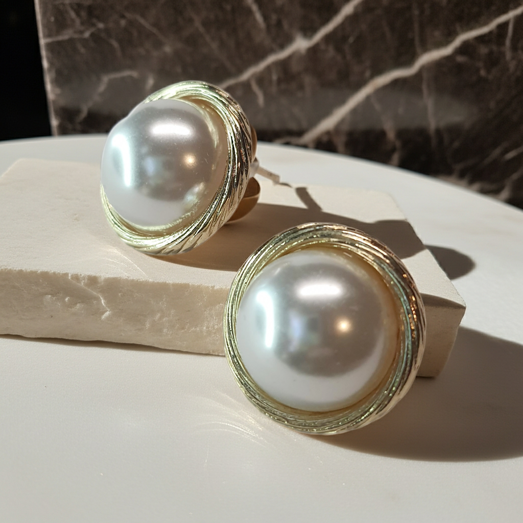 Okrągłe kolczyki z dużą perłą w złotej, delikatnie rzeźbionej oprawie, styl vintage glamour, średnica 2 cm. Stal nierdzewna, stal chirurgiczna, wodoodporne, hipoalergiczne, jakość premium, RougeBizu.