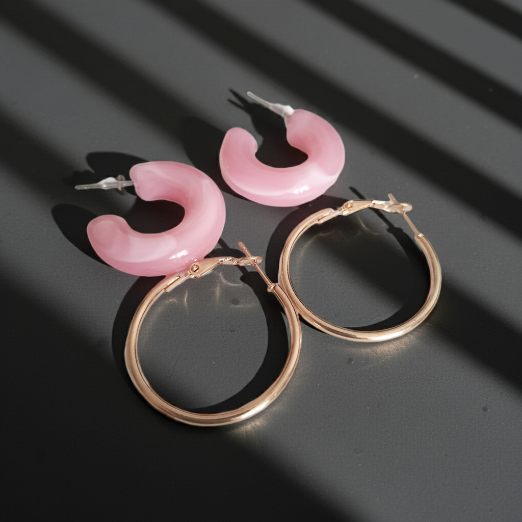 Zestaw dwóch par kolczyków – eleganckie kolczyki ze stali nierdzewnej, jedna para klasyczne złote koła, druga w stylu art deco, w kolorze pudrowego różu. Biżuteria damska 4 cm, idealna na prezent, odporna na wodę i uczulenia.
