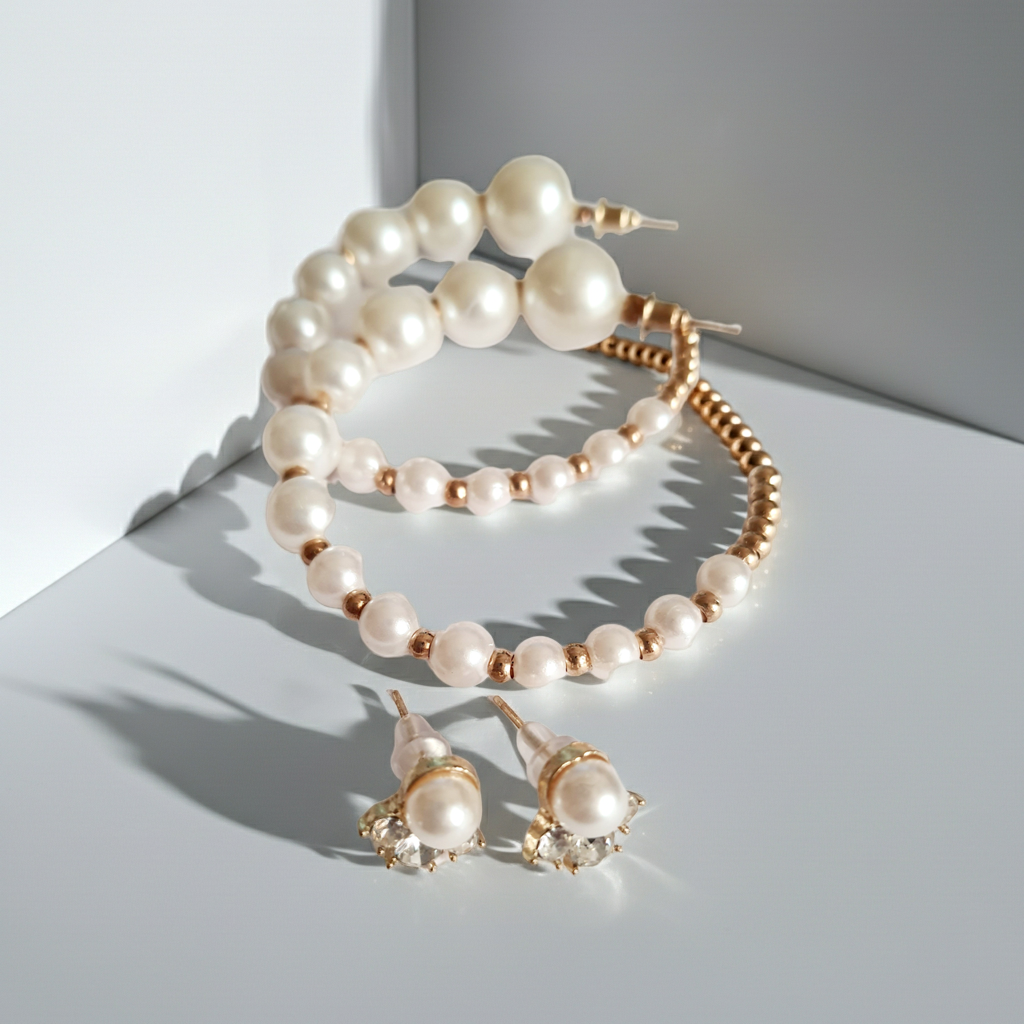 Biżuteria damska RougeBizu – komplet złotych kolczyków z perłami, wkrętki z perełkami, 1,5cm, kolczyki koła hoops średnica 5cm. stal nierdzewna. rouge bizu