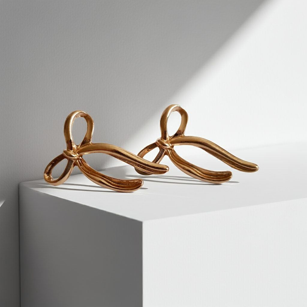 Złote kolczyki kokardki, stal nierdzewna, długość 4 cm, romantyczny styl retro. Rouge Bizu.