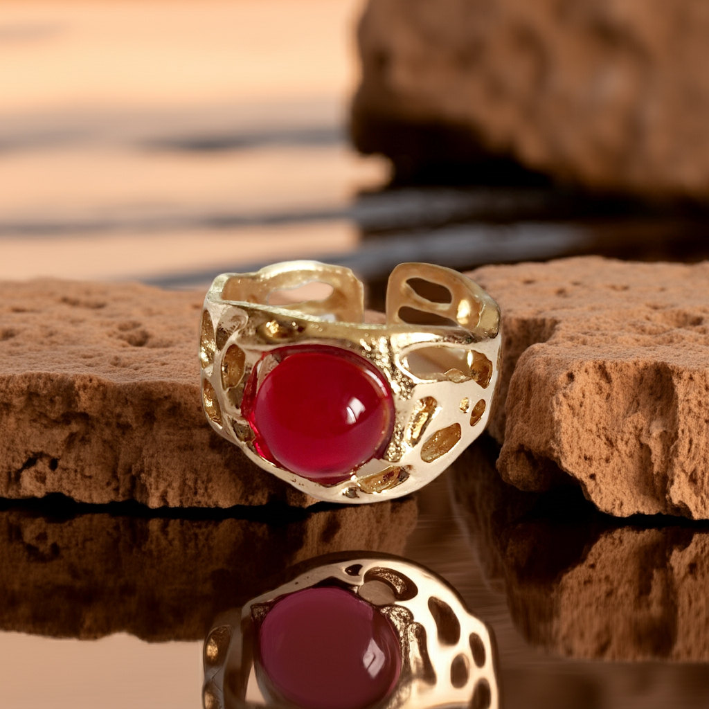 Złoty pierścionek artystyczny z czerwonym kaboszonem, stal nierdzewna, ażurowa forma, rozmiar 16 mm, elegancki i wyrazisty. Rouge Bizu.
