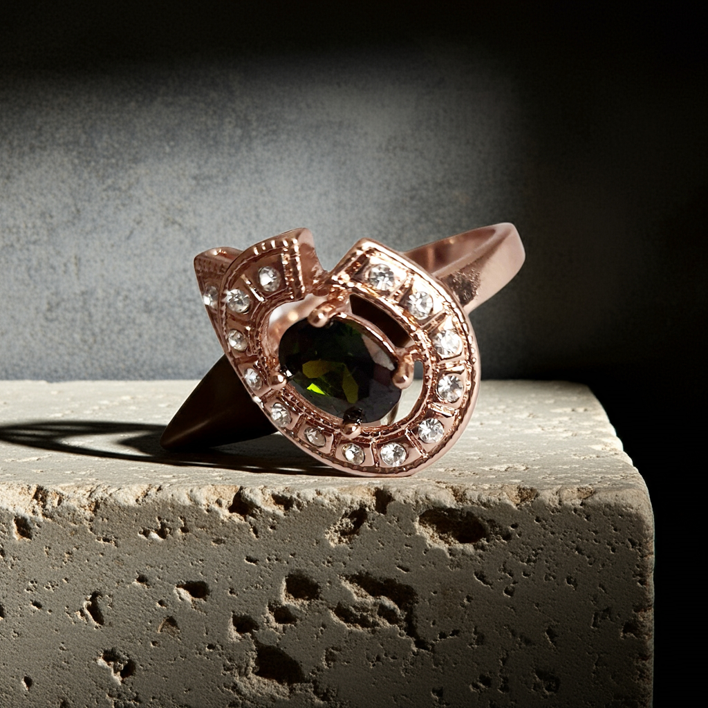 Art déco pierścionek z kryształami i zielonym kamieniem. stal nierdzewna. rougebizu