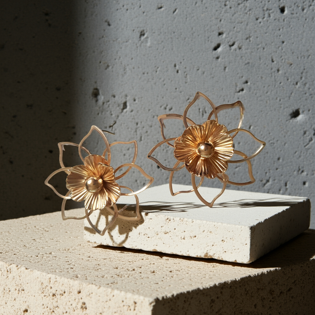 Kolczyki złote w kształcie kwiatów, ażurowa forma, średnica 5 cm, stal nierdzewna, stal chirurgiczna, romantyczny i artystyczny styl, Rouge Bizu.