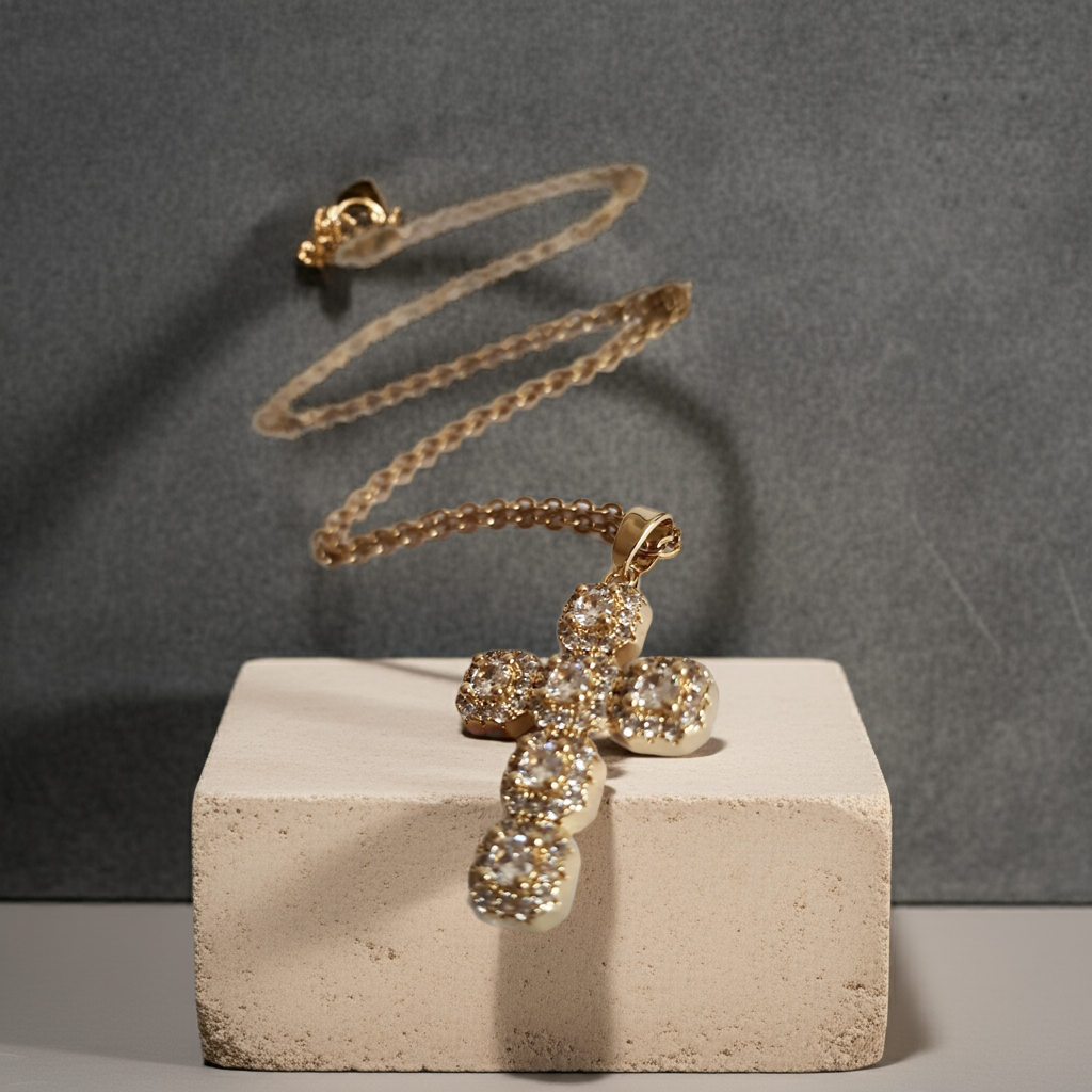 Naszyjnik złoty 50 cm ze stali nierdzewnej, z krzyżem wysadzanym białymi cyrkoniami, klasyczna elegancja, Rouge Bizu. #bizuteria #biżuteriapozłacana #stalnierdzewna #stalchirurgiczna #platerowane18k #wodoodporne #hipoalergiczne #retro #vintage  #rougebizu