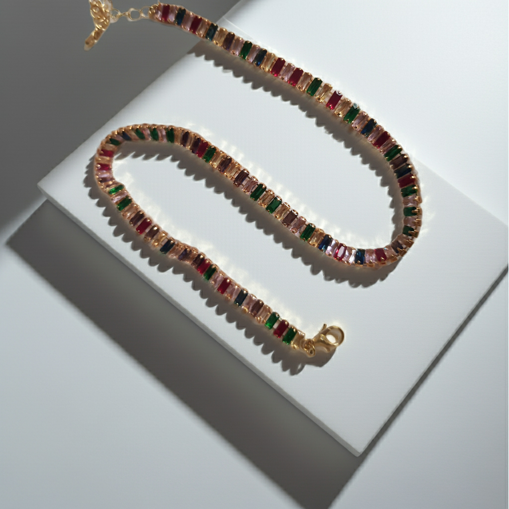 Rose Cross – Gold necklace with pink crystals and a Mary medallion