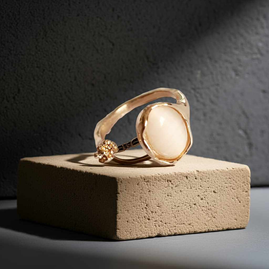 Złoty pierścionek ze stali nierdzewnej z kremowym syntetycznym kamieniem i małym kwiatowym detalem, subtelny styl organiczny, regulowany, rozmiar 15 mm. Rouge Bizu.
