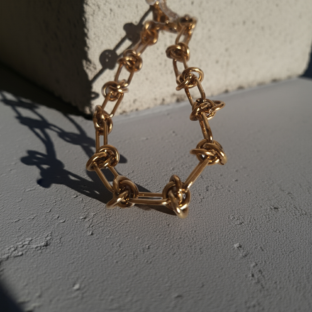 Łańcuszek ze stali nierdzewnej, złocony, designerski splot z prostokątnych i okrągłych ogniw, długość regulowana 18–24 cm, RougeBizu.