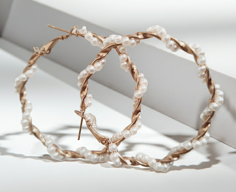 Duże kolczyki koła o średnicy 5 cm wykonane ze złotego, plecionego drutu, ozdobione syntetycznymi perełkami. Styl boho i romantyczny. Stal nierdzewna. Rouge Bizu.
