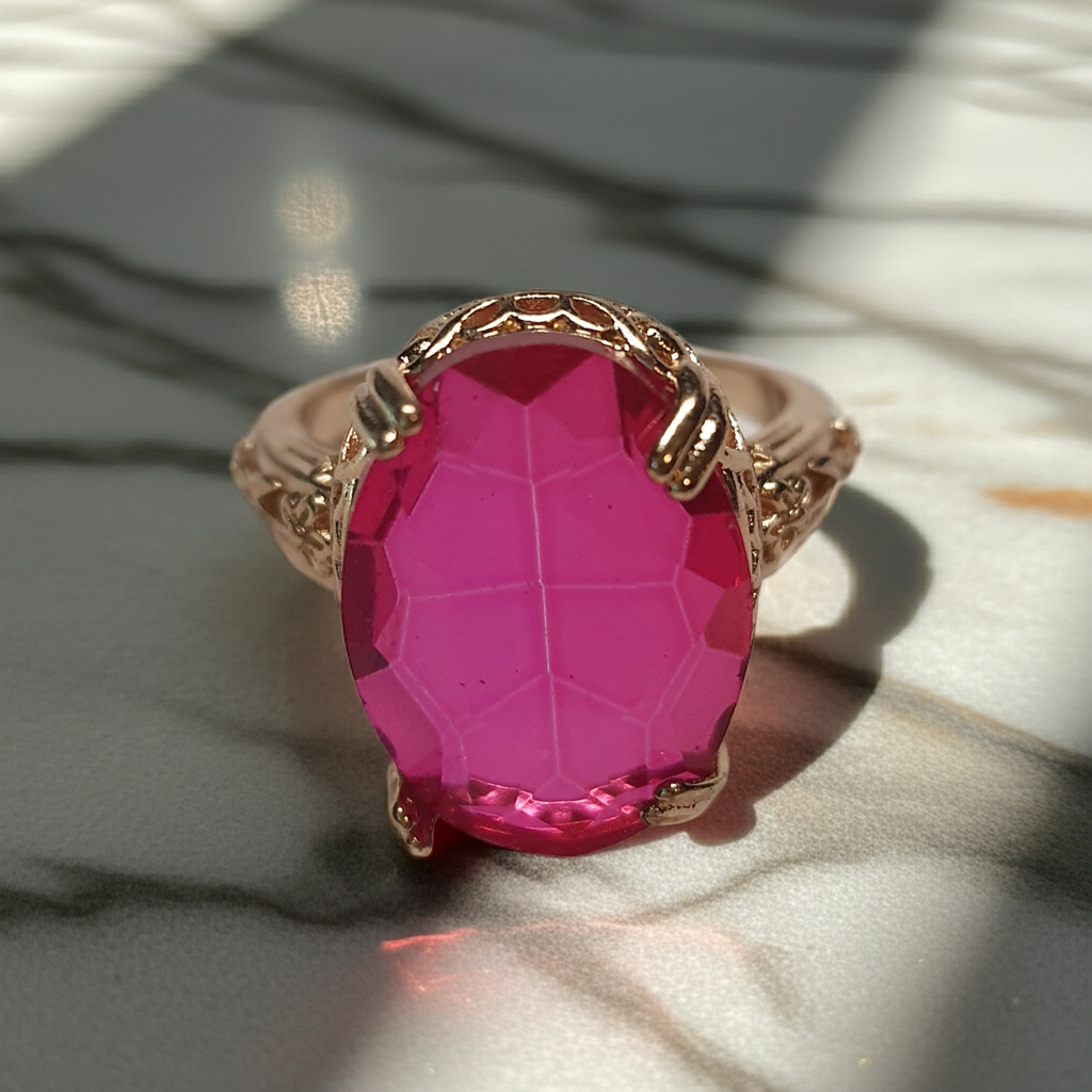 Złoty pierścionek z dużym rubinowym kamieniem w stylu vintage, bogato zdobiony, elegancki i kobiecy. Rozmiar 20 mm. Stal nierdzewna, stal chirurgiczna, wodoodporne, hipoalergiczne, jakość premium. Rouge Bizu.