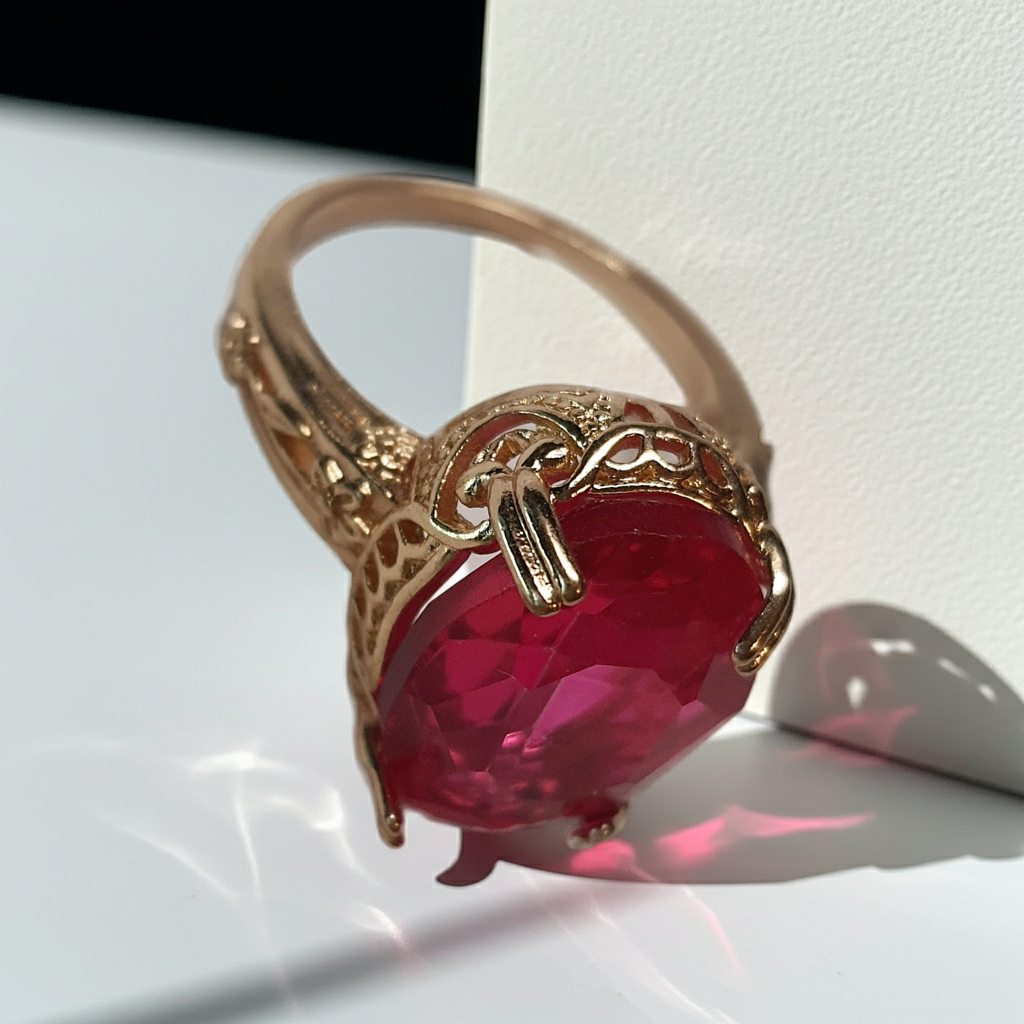Złoty pierścionek z dużym rubinowym kamieniem w stylu vintage, bogato zdobiony, elegancki i kobiecy. Rozmiar 20 mm. Stal nierdzewna, stal chirurgiczna, wodoodporne, hipoalergiczne, jakość premium. Rouge Bizu.