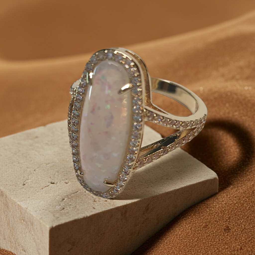 Złoty pierścionek ze stali nierdzewnej z podłużnym opalizującym kamieniem i cyrkoniami w stylu glamour eleganckim. Rozmiar 19 mm. stal chirurgiczna, stal nierdzewna, wodoodporne, hipoalergiczne, jakość premium, RougeBizu.