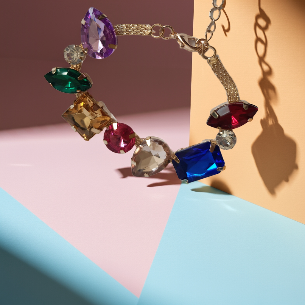 Bransoleta złota 18–23 cm ze stali nierdzewnej, zdobiona dużymi kryształami w wielu kolorach: czerwony, niebieski, zielony, różowy, bursztynowy i fioletowy, Rouge Bizu.