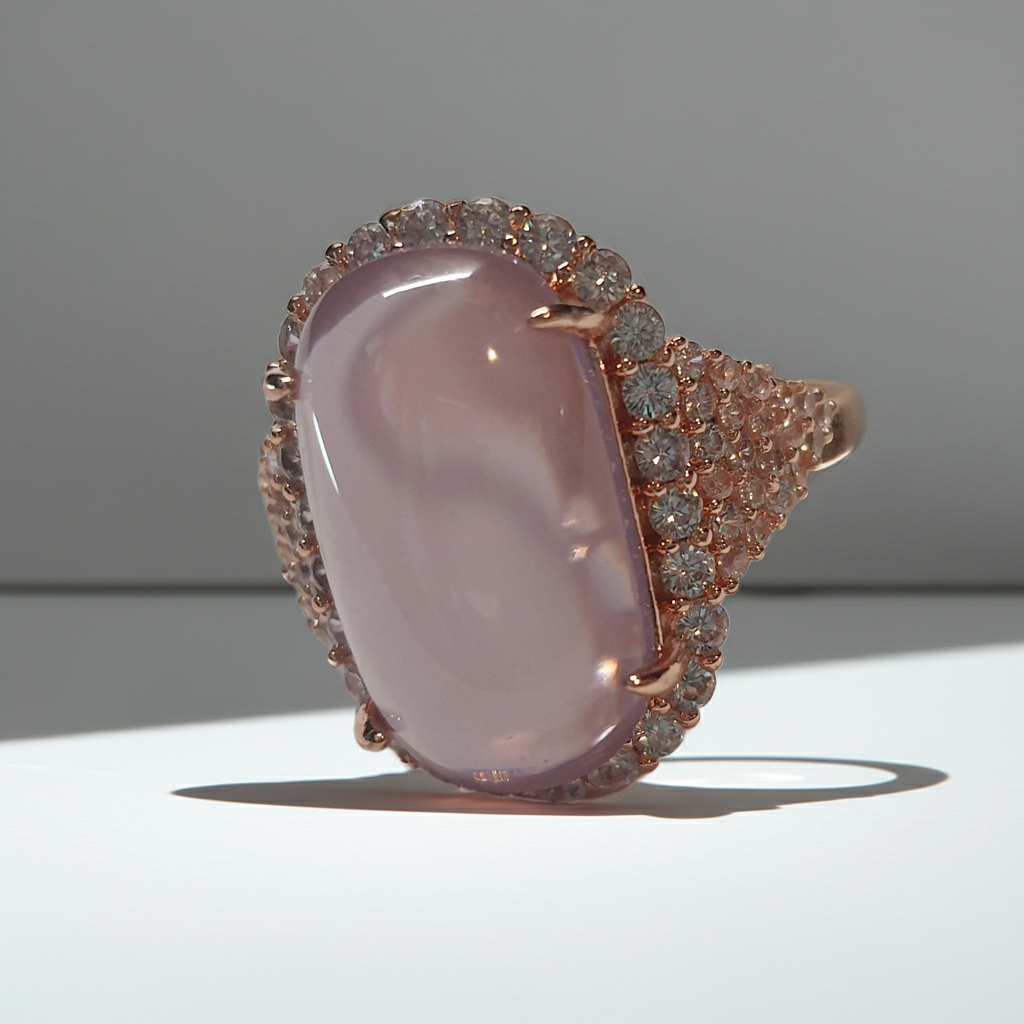 Pierścionek ze złotej stali nierdzewnej z dużym owalnym mleczno-różowym kamieniem otoczonym cyrkoniami w stylu glamour romantycznym. Rozmiar 19 mm. stal chirurgiczna, stal nierdzewna, wodoodporne, hipoalergiczne, jakość premium, RougeBizu.