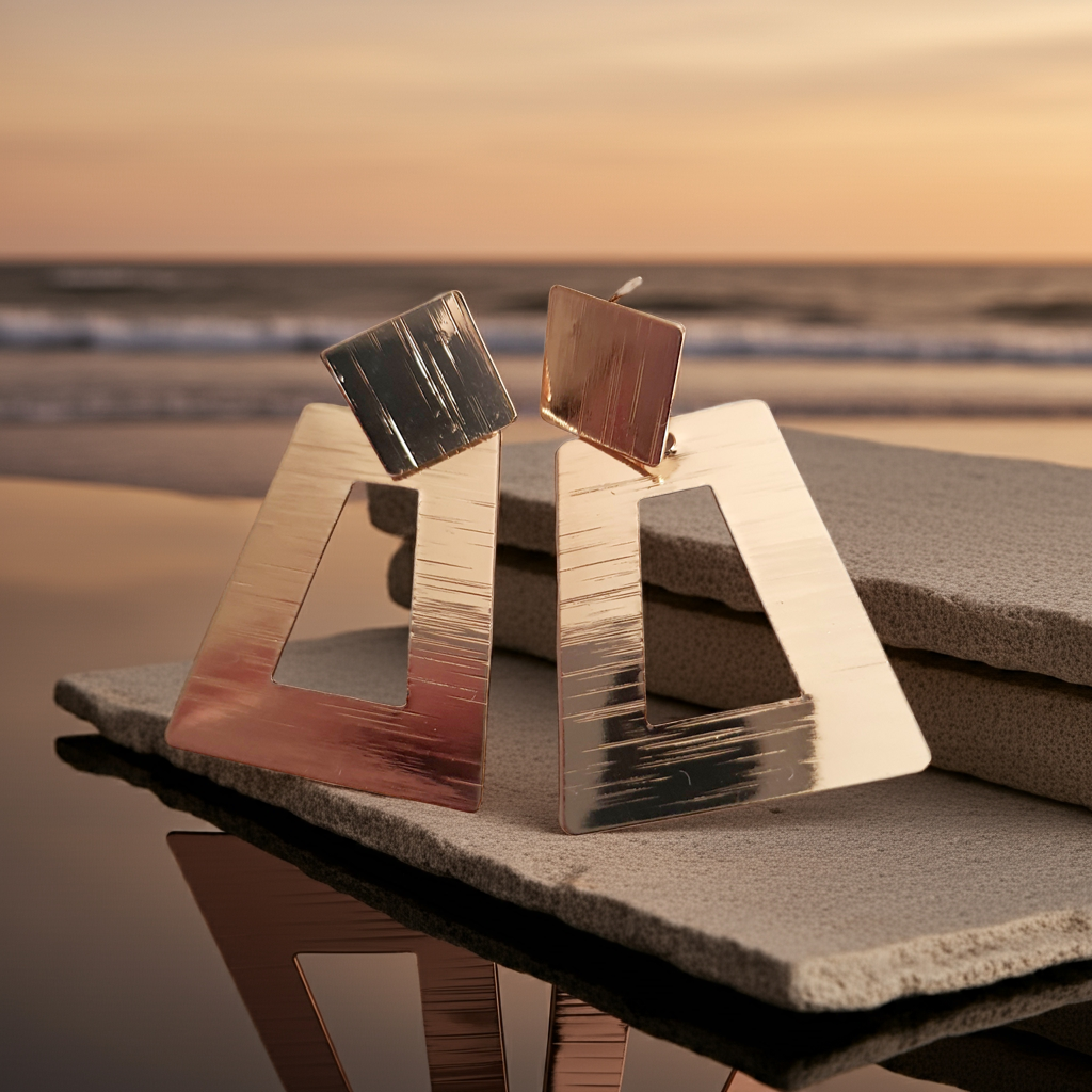 Geometryczne kolczyki z różowego złota o długości 5 cm, wykonane ze stali nierdzewnej. Trapez z wycięciem i kwadratowa baza w formie wkrętki. Nowoczesny, minimalistyczny design w stylu art deco. Rouge Bizu.
