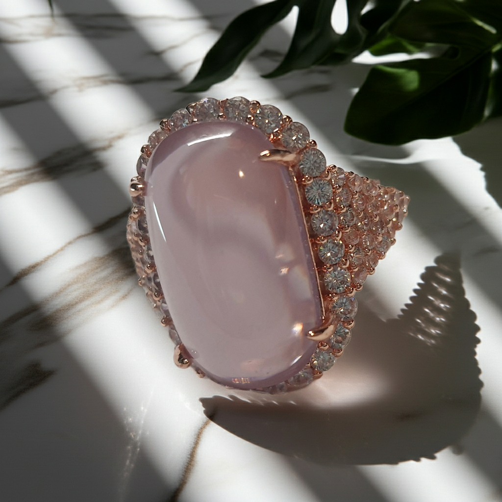 Pierścionek ze stali nierdzewnej w kolorze różowego złota z owalnym lawendowym kamieniem otoczonym cyrkoniami w stylu glamour romantycznym. Rozmiar 20 mm. stal chirurgiczna, stal nierdzewna, wodoodporne, hipoalergiczne, jakość premium, RougeBizu.