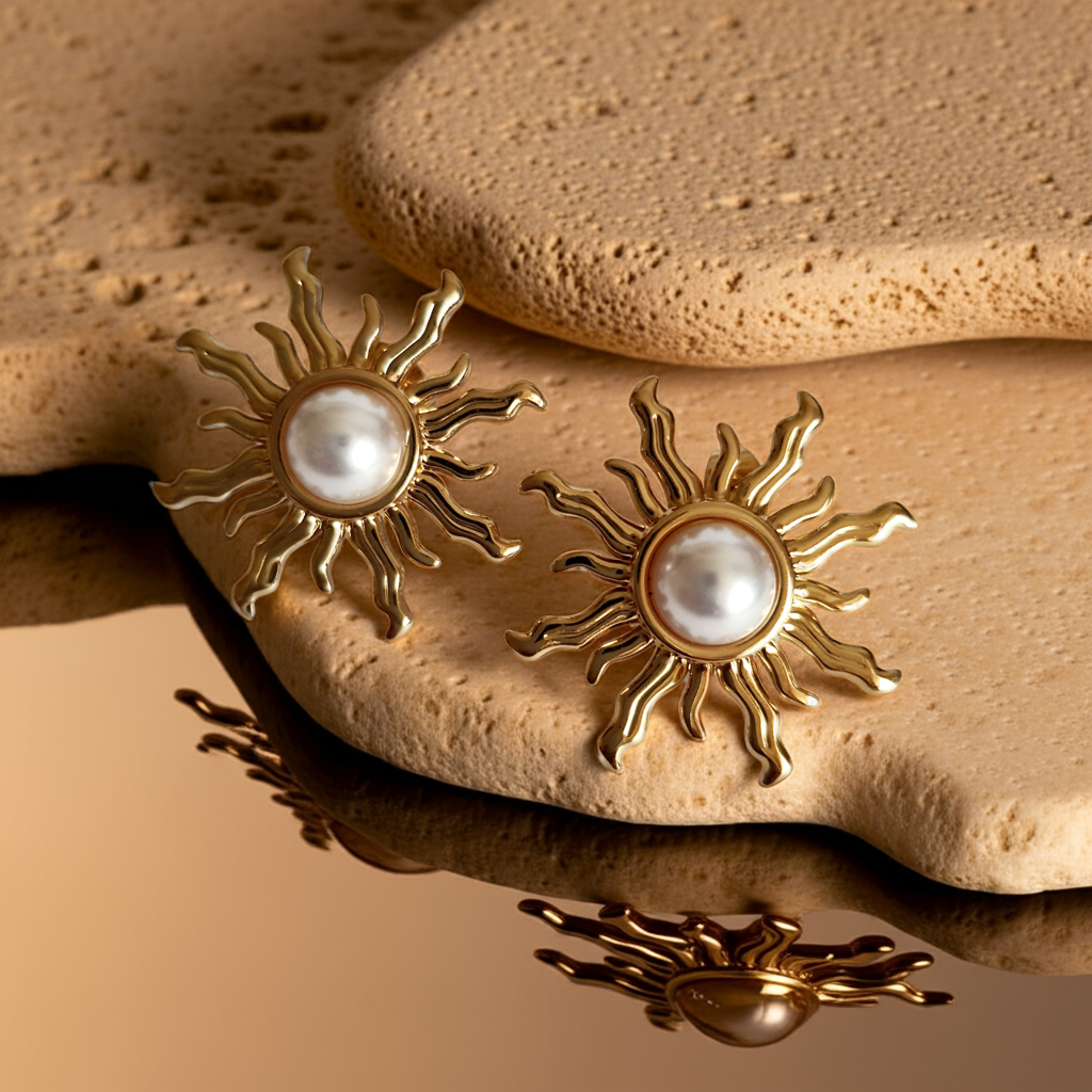 Złote kolczyki ze stali nierdzewnej w kształcie słońca z perłowym środkiem, średnica 3 cm, styl artystyczny i glamour. Rouge Bizu.