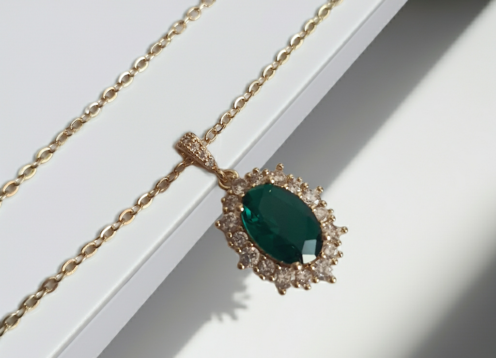 Złoty naszyjnik ze stali nierdzewnej – stal chirurgiczna, wodoodporna, hipoalergiczna, premium. Zawieszka zielony kamień w otoczeniu cyrkonii, długość łańcuszka 45 cm. RougeBizu.