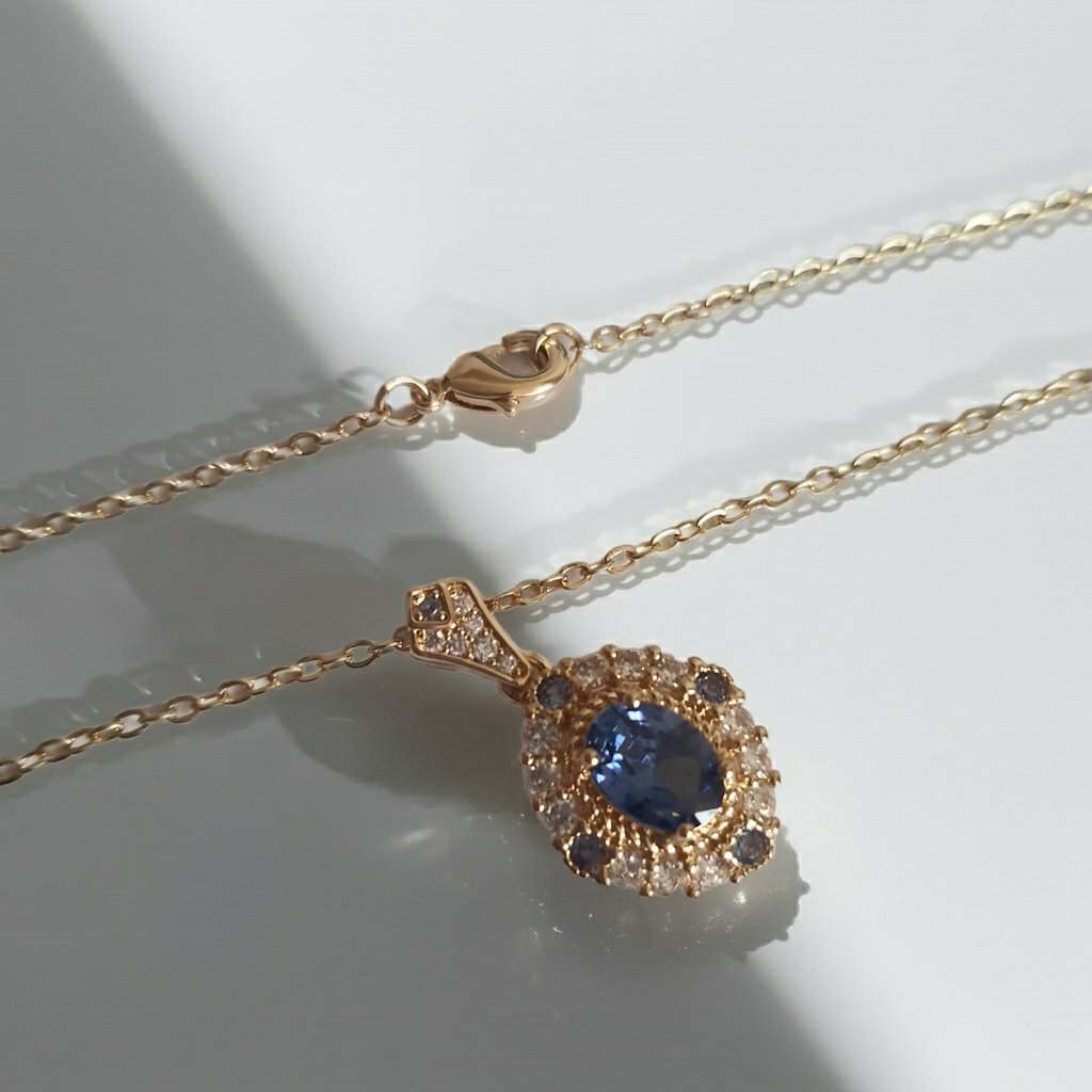 Rose Cross – Gold necklace with pink crystals and a Mary medallion