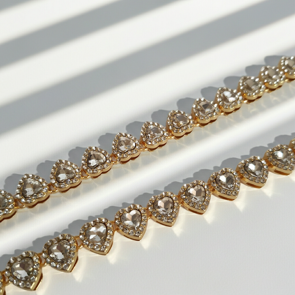 Naszyjnik złoty 45 cm ze stali nierdzewnej, zdobiony sercami z cyrkoniami, romantyczny i elegancki, Rouge Bizu.