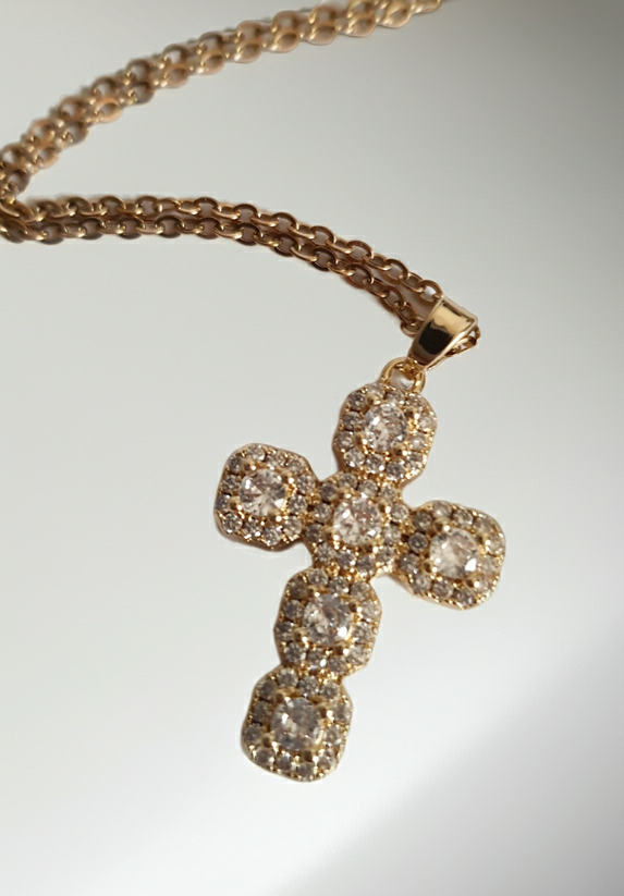 Rose Cross – Gold necklace with pink crystals and a Mary medallion