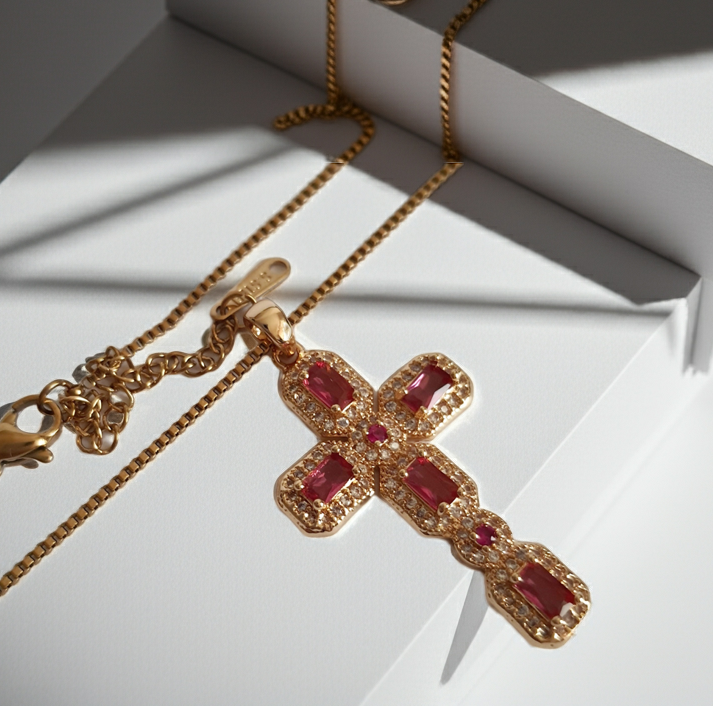 Rose Cross – Gold necklace with pink crystals and a Mary medallion