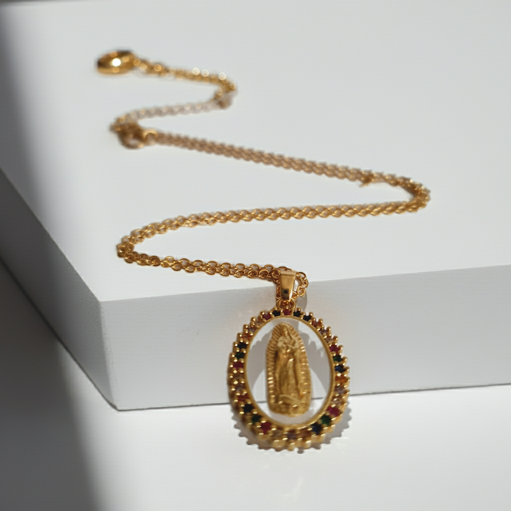 Rose Cross – Gold necklace with pink crystals and a Mary medallion