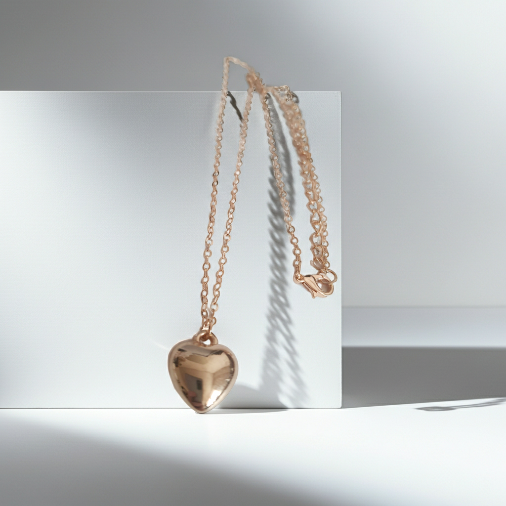 Złoty naszyjnik ze stali nierdzewnej z zawieszką w kształcie serca na jasnym tle,  długośc regulowana. prostota i elegancja. rougebizu
