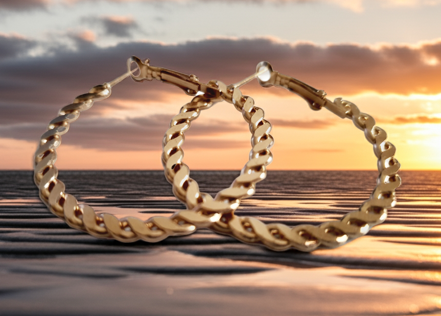 Złote kolczyki typu hoop o średnicy 3,5 cm z plecionym splotem, błyszczące i lekkie, styl Y2K
