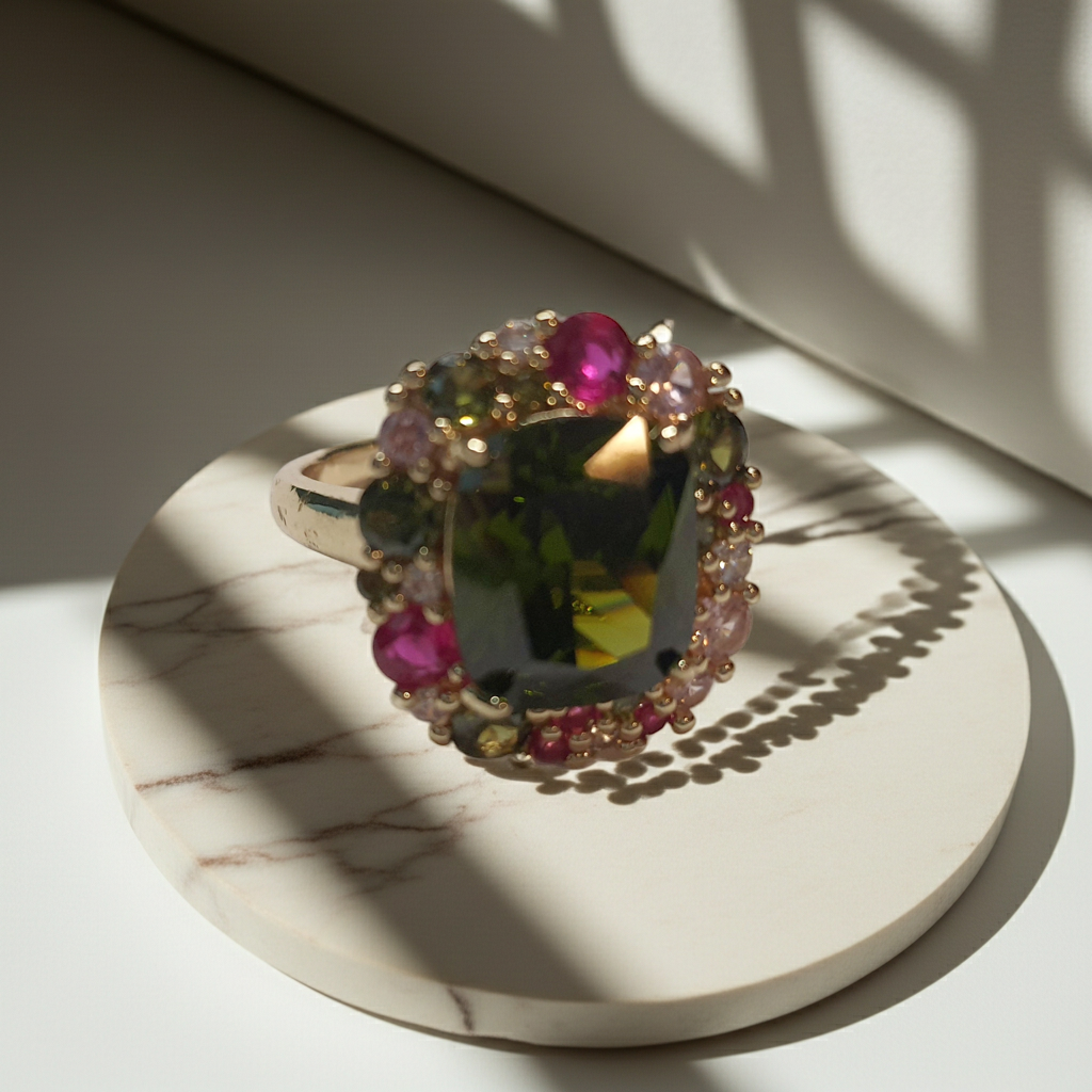 Złoty pierścionek ze stali nierdzewnej z dużym zielonym kamieniem otoczonym kolorowymi kryształami w stylu glamour królewskim. Rozmiar 20 mm. stal chirurgiczna, stal nierdzewna, wodoodporne, hipoalergiczne, jakość premium, RougeBizu.