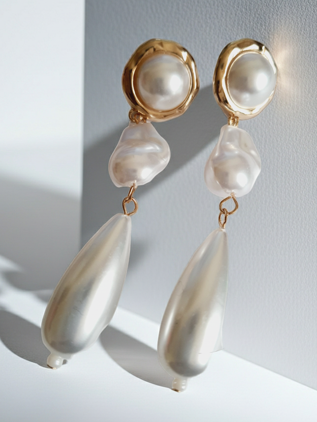 Długie złote kolczyki ze stali nierdzewnej z potrójnymi perłami: okrągłą, nieregularną i kroplą. Styl glamour, klasyczna elegancja. Długość 9 cm. Rouge Bizu.