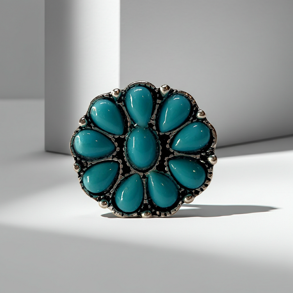 Pierścionek w kształcie kwiatka z turkusowych łez, stal nierdzewna, stal chirurgiczna, rozmiar 16 mm, styl boho vintage, srebrna obrączka, wodoodporne, hipoalergiczne, jakość premium, Rouge Bizu.