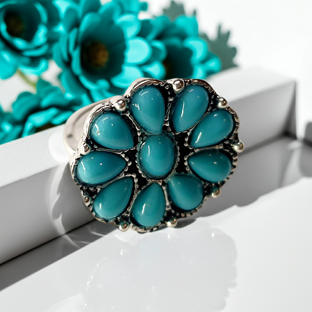 Pierścionek w kształcie kwiatka z turkusowych łez, stal nierdzewna, stal chirurgiczna, rozmiar 16 mm, styl boho vintage, srebrna obrączka, wodoodporne, hipoalergiczne, jakość premium, Rouge Bizu.