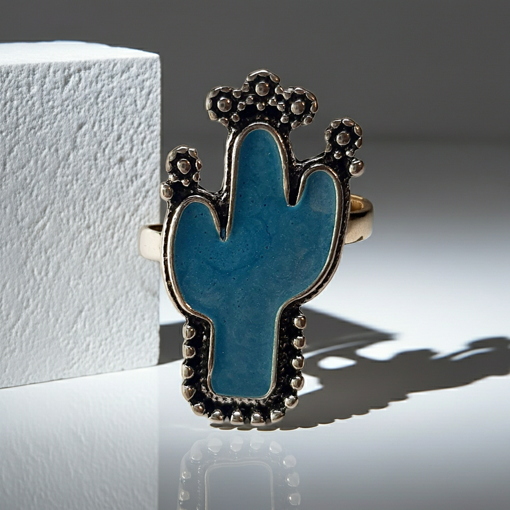 Pierścionek srebrny z niebieskim motywem kaktusa, stal nierdzewna, stal chirurgiczna, boho, artystyczny styl, rozmiar 16 mm, wodoodporne, hipoalergiczne, jakość premium, Rouge Bizu.