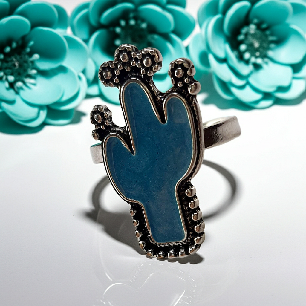 Pierścionek srebrny z niebieskim motywem kaktusa, stal nierdzewna, stal chirurgiczna, boho, artystyczny styl, rozmiar 16 mm, wodoodporne, hipoalergiczne, jakość premium, Rouge Bizu.