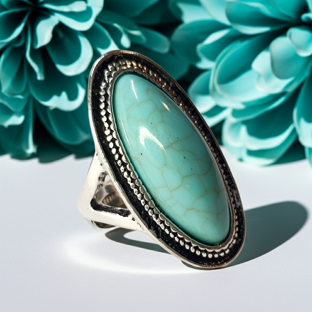 Pierścionek srebrny z owalnym turkusowym kamieniem, stal nierdzewna, stal chirurgiczna, styl boho vintage, rozmiar 18 mm, wodoodporne, hipoalergiczne, jakość premium, Rouge Bizu.