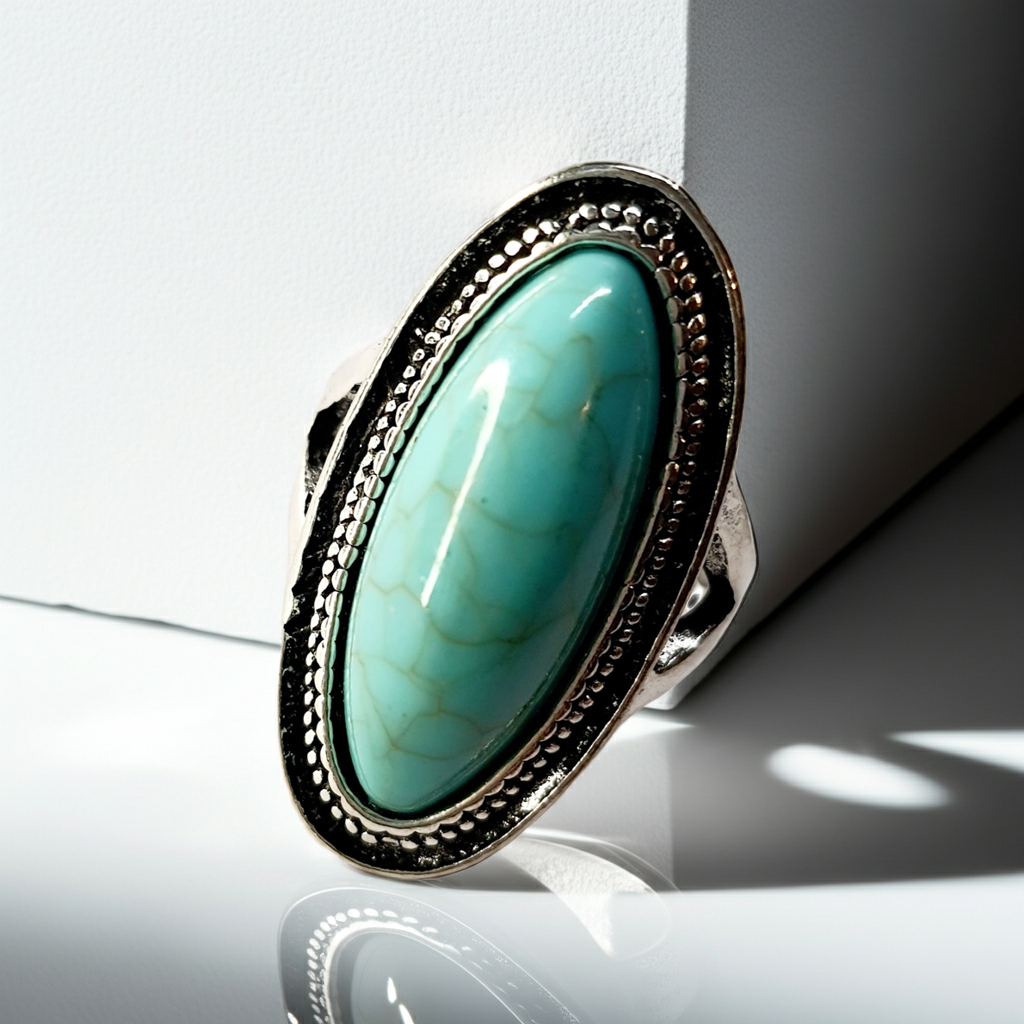 Pierścionek srebrny z owalnym turkusowym kamieniem, stal nierdzewna, stal chirurgiczna, styl boho vintage, rozmiar 18 mm, wodoodporne, hipoalergiczne, jakość premium, Rouge Bizu.