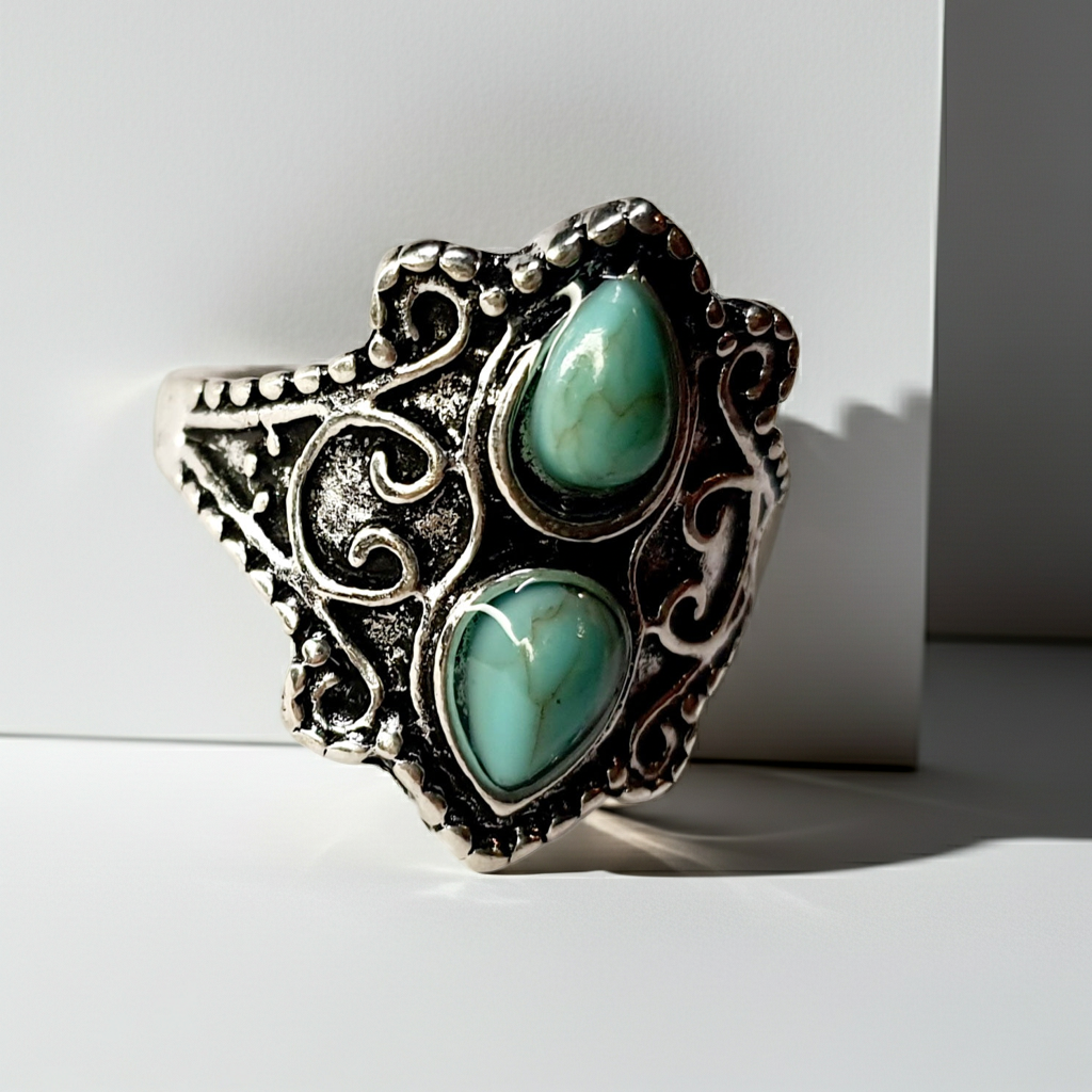 Pierścionek srebrny z dwoma turkusowymi kamieniami w kształcie kropli, stal nierdzewna, stal chirurgiczna, styl orientalny boho vintage, rozmiar 16 mm, wodoodporne, hipoalergiczne, jakość premium, Rouge Bizu.