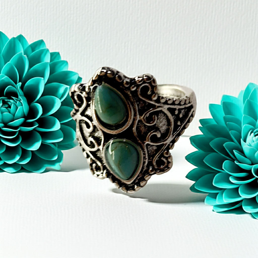 Pierścionek srebrny z dwoma turkusowymi kamieniami w kształcie kropli, stal nierdzewna, stal chirurgiczna, styl orientalny boho vintage, rozmiar 16 mm, wodoodporne, hipoalergiczne, jakość premium, Rouge Bizu.