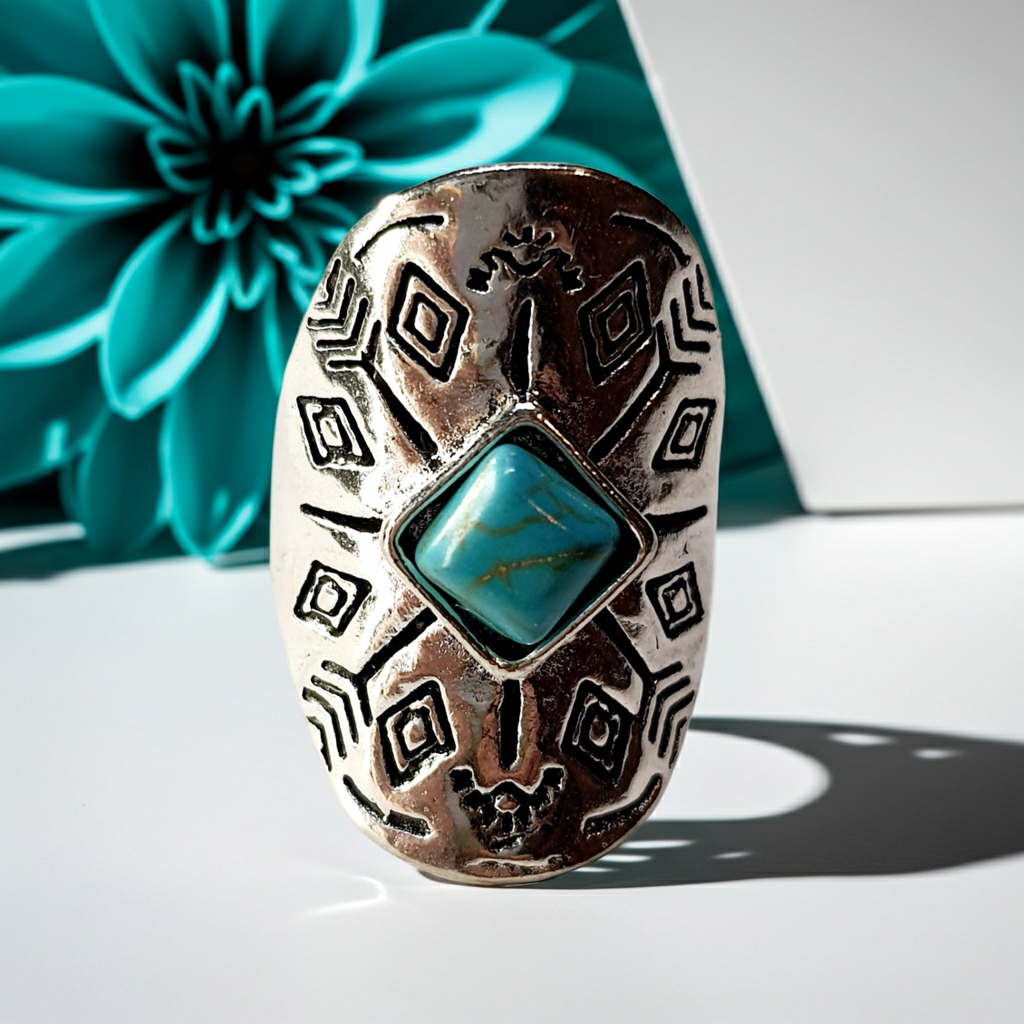 Pierścionek srebrny z turkusowym kamieniem o kwadratowym szlifie, styl etniczny boho vintage, stal nierdzewna, stal chirurgiczna, rozmiar 16 mm, wodoodporne, hipoalergiczne, jakość premium, Rouge Bizu.