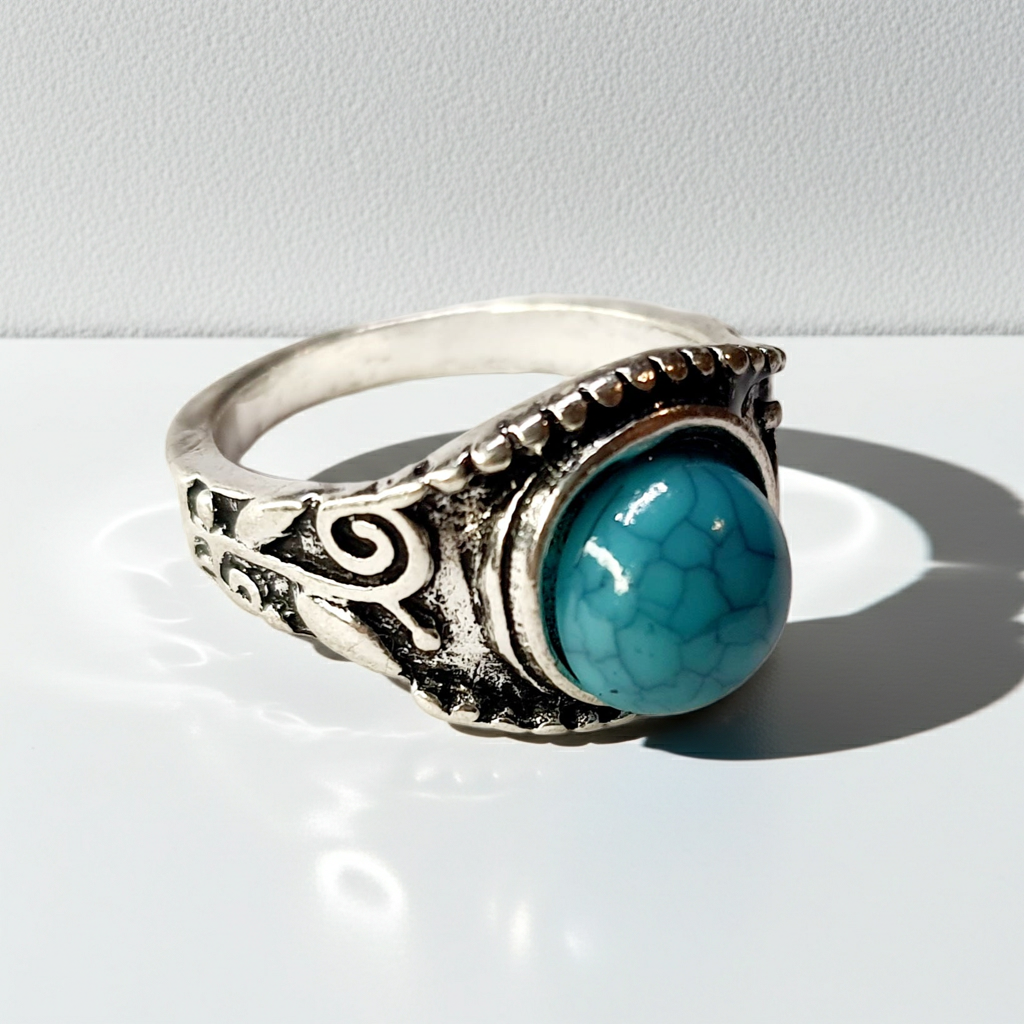 Pierścionek srebrny z turkusowym kamieniem, stal nierdzewna, stal chirurgiczna, styl vintage boho, rozmiar 15 mm, wodoodporne, hipoalergiczne, jakość premium, Rouge Bizu.