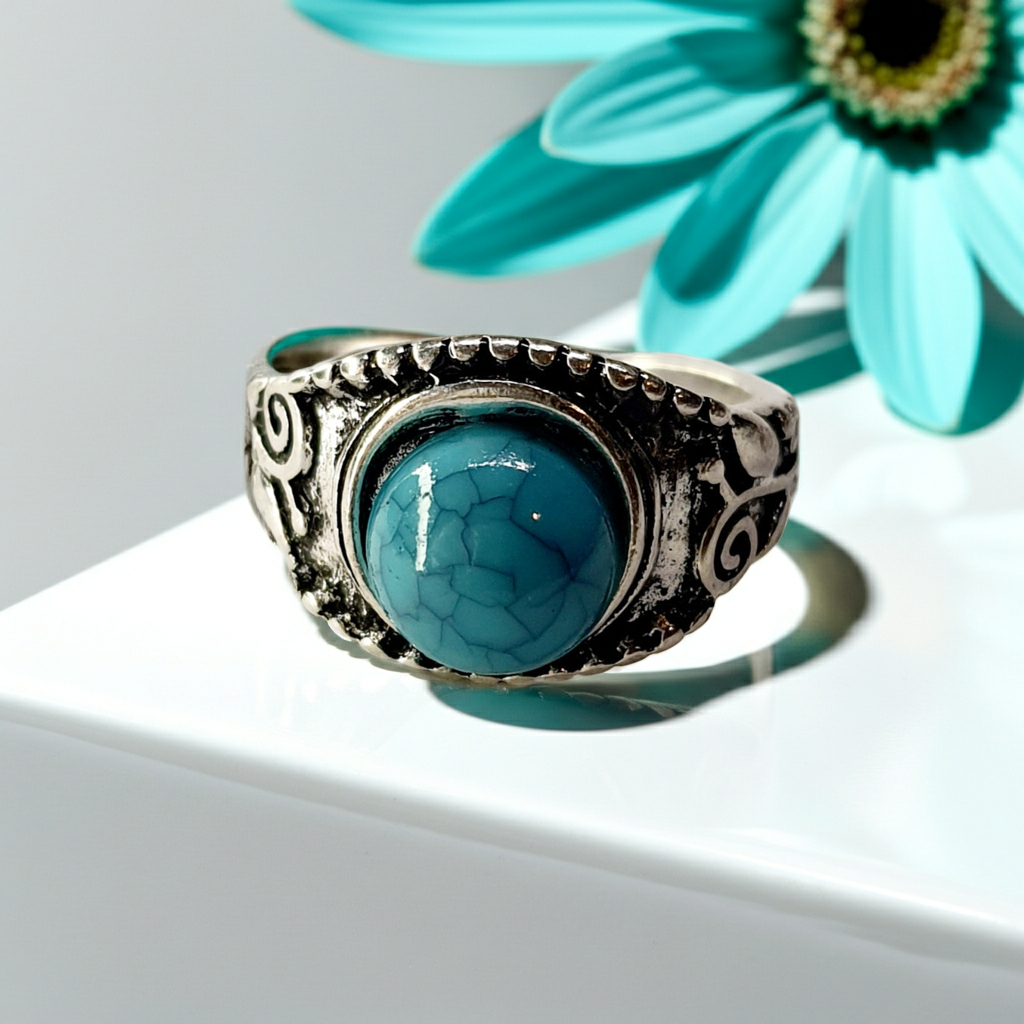 Pierścionek srebrny z turkusowym kamieniem, stal nierdzewna, stal chirurgiczna, styl vintage boho, rozmiar 15 mm, wodoodporne, hipoalergiczne, jakość premium, Rouge Bizu.