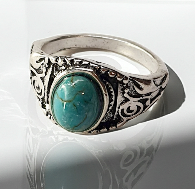 Pierścionek ze srebrnej stali nierdzewnej z turkusowym owalnym kamieniem w stylu boho vintage, misternie zdobiony, rozmiar 16 mm, stal chirurgiczna, stal nierdzewna, wodoodporne, hipoalergiczne, jakość premium, Rouge Bizu.