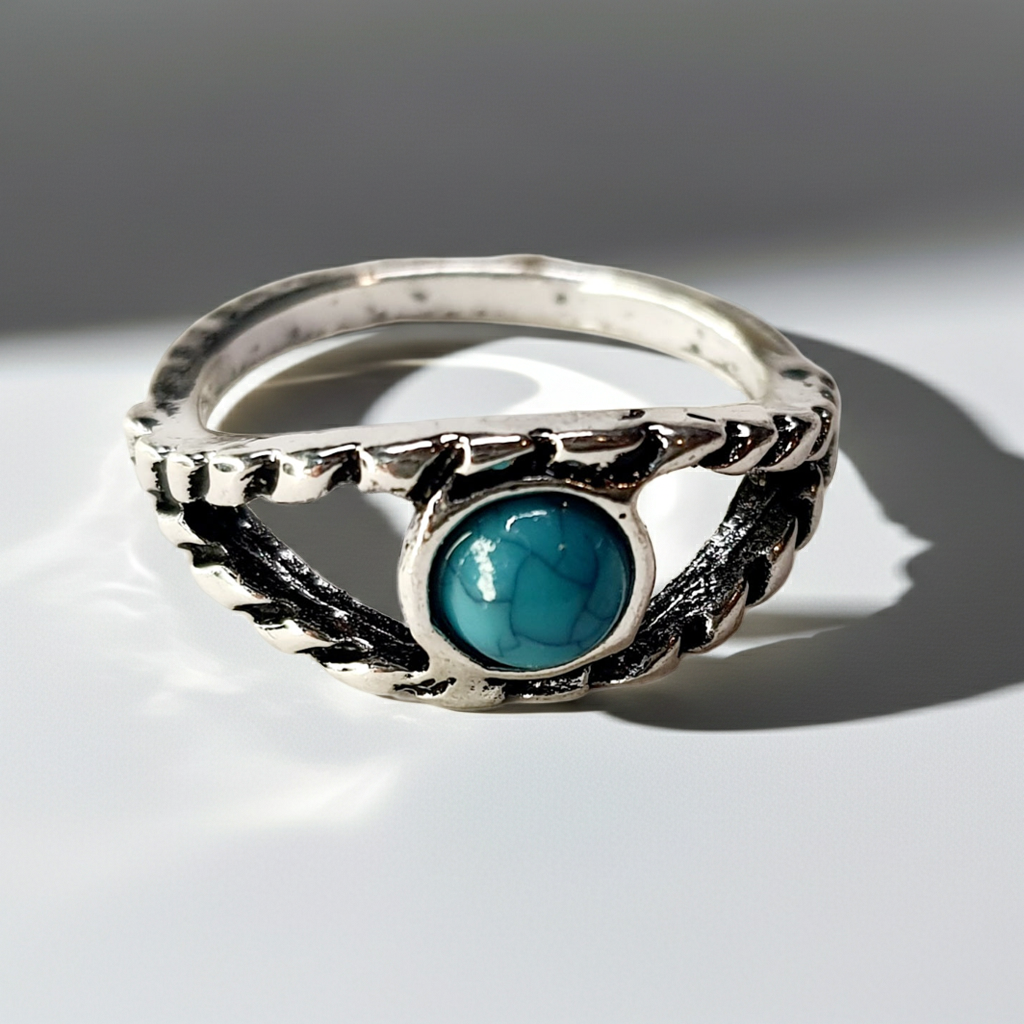 Pierścionek srebrny z turkusowym kamieniem w okrągłej oprawie, stal nierdzewna, stal chirurgiczna, styl boho minimalistyczny vintage, rozmiar 16 mm, wodoodporne, hipoalergiczne, jakość premium, Rouge Bizu.