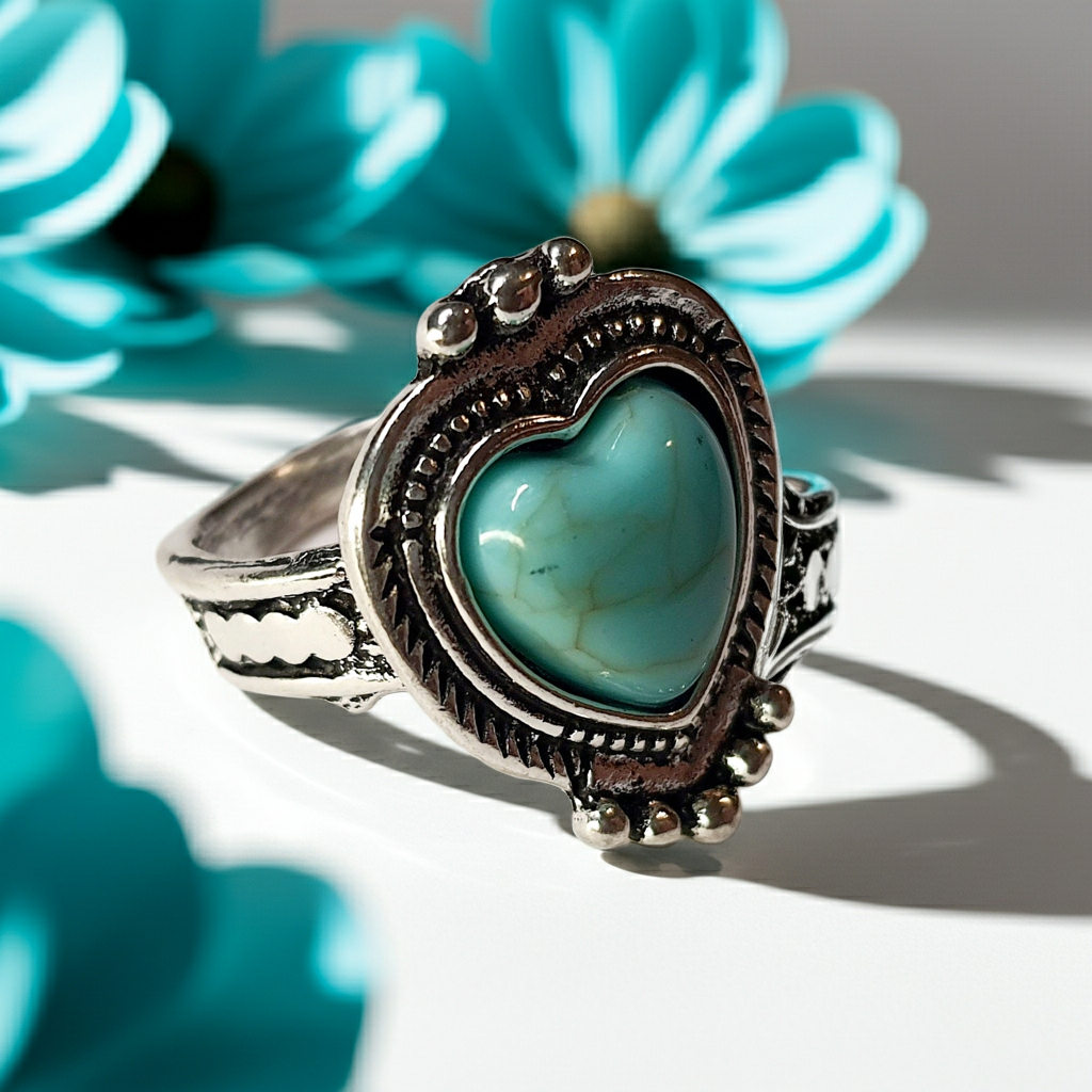 Pierścionek srebrny z turkusowym kamieniem w kształcie serca, stal nierdzewna, stal chirurgiczna, romantyczny styl vintage, rozmiar 16 mm, wodoodporne, hipoalergiczne, jakość premium, Rouge Bizu.