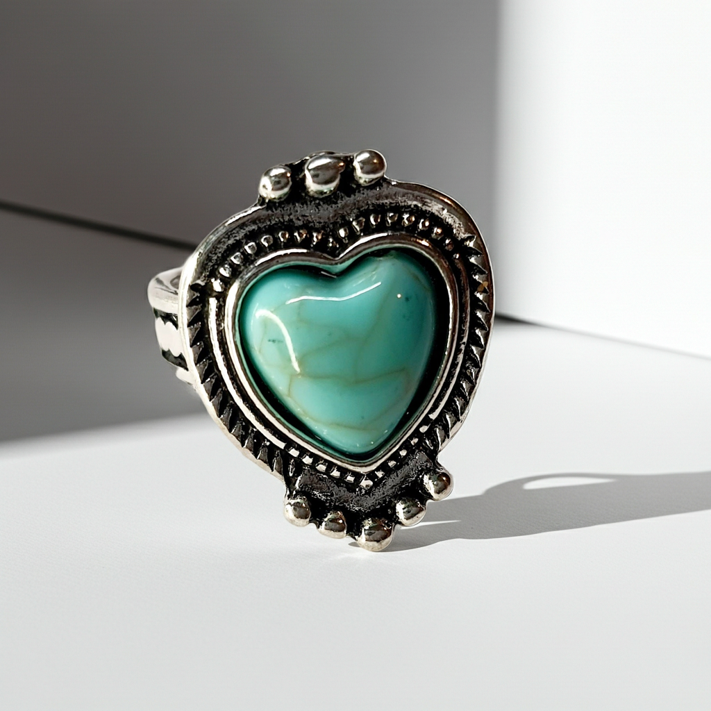 Pierścionek srebrny z turkusowym kamieniem w kształcie serca, stal nierdzewna, stal chirurgiczna, romantyczny styl vintage, rozmiar 16 mm, wodoodporne, hipoalergiczne, jakość premium, Rouge Bizu.