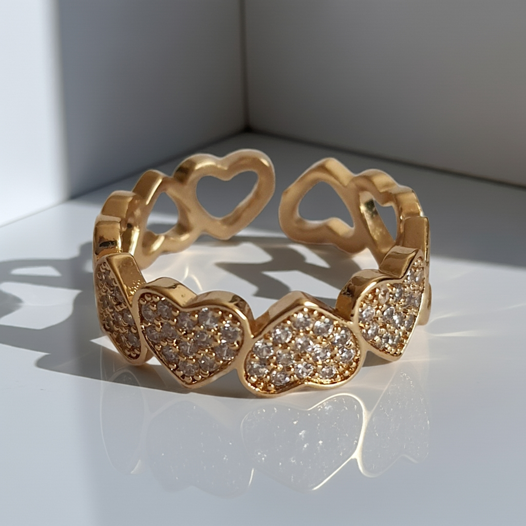 Pierścionek złoty 19 mm ze stali nierdzewnej, z motywem serc, część wysadzana białymi cyrkoniami, romantyczna i elegancka biżuteria, Rouge Bizu.#bizuteria #biżuteriapozłacana #stalnierdzewna #stalchirurgiczna #platerowane18k #wodoodporne #hipoalergiczne #retro #vintage #złotynaszyjnik #rougebizu