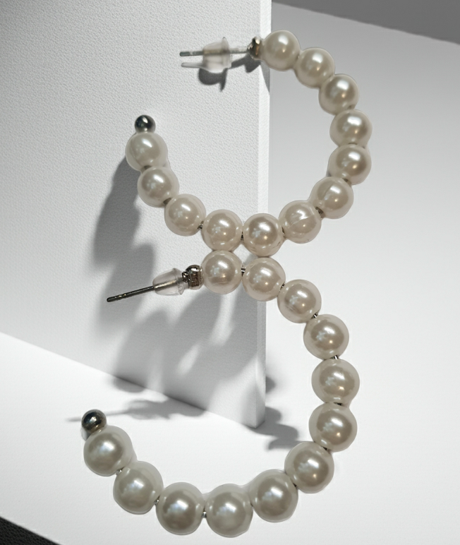 Srebrne kolczyki kółka z perłami o średnicy 3,5 cm, stal chirurgiczna, stal nierdzewna, wodoodporne, hipoalergiczne, jakość premium, RougeBizu.