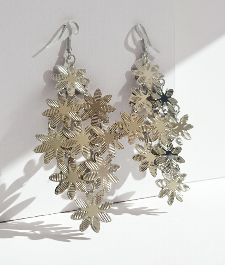 Silver Garden - Stainless Steel Flower Dangle Earrings