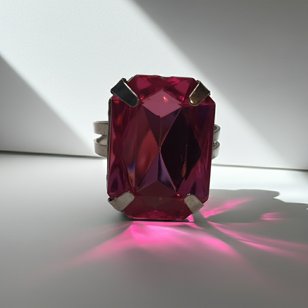 Srebrny pierścionek z dużym czerwonym kamieniem w prostokątnym szlifie, metal, elegancki styl, intensywny kolor, regulowany rozmiar, Rouge Bizu.