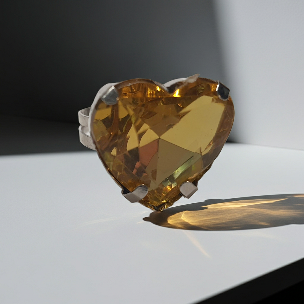 Srebrny pierścionek z dużym miodowo-złotym kamieniem w kształcie serca, metal, szlifowany kamień o ciepłym blasku, styl romantyczny glamour, regulowany rozmiar, Rouge Bizu.